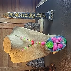 The Denim fabric blue jeans Denim  pink and green bohemian style choker